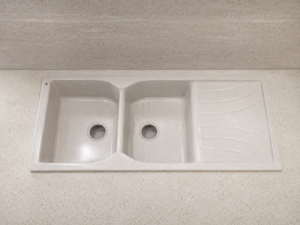 Lavapjatë kuzhine Sanitec Ultra Granite 801 me 2 gropa dhe kulluese, 116x50 cm, bezhë ranore